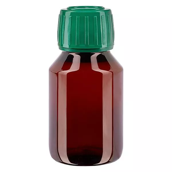 Flacon médical en PET brun avec bouchon vert