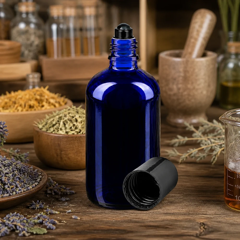 Apothekenflasche blau 100ml Roll-On Verschluss schwarz 100ml blaue Apothekerflasche Roll-On vor Holzregalen mit Kräutern und Naturheilkunde Zubehör