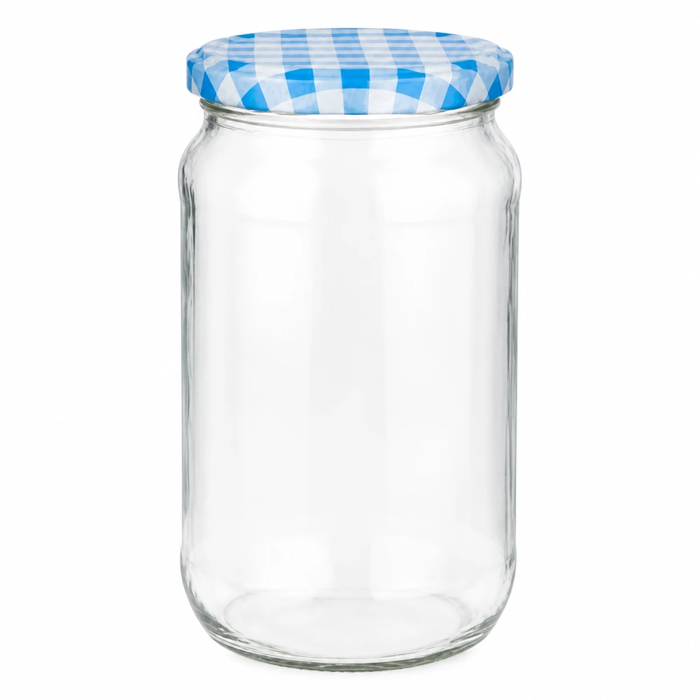 1062ml Rundglas + BasicSeal Deckel blau/weiß UNiTWIST 1062ml Rundglas mit blau-weiß kariertem BasicSeal Deckel, leeres Einmachglas für Konserven und Aufbewahrung