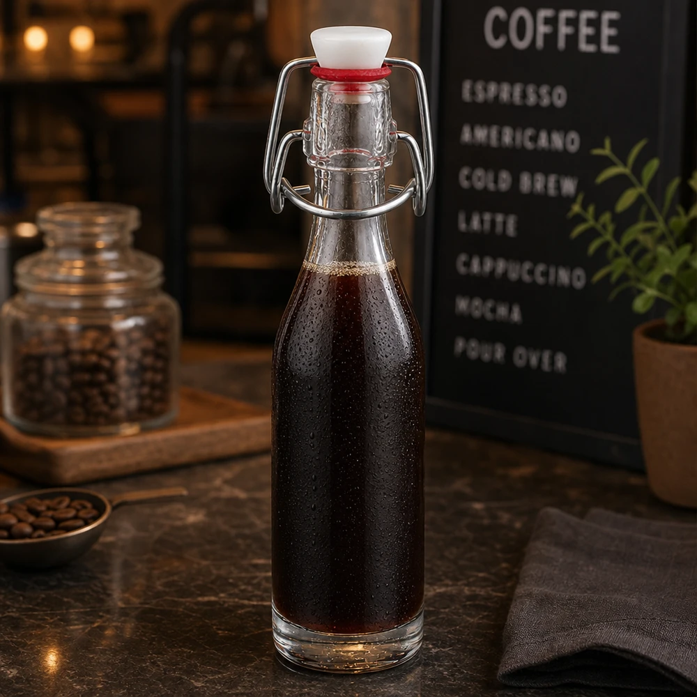 Bottiglia in vetro da 50 ml + tappo girevole in PVC UNiTWIST 50ml Glasflasche mit Bügelverschluss gefüllt mit Cold Brew Kaffee in stilvoller Café-Atmosphäre mit Kaffeebohnen