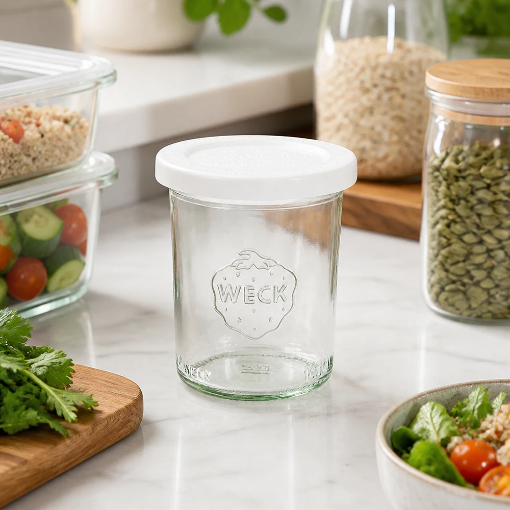 Vaso di vetro da 160 ml con coperchio salva-freschezza WECK RR60 Bicchieri WECK 160ml RR60 in una cucina moderna con barattoli per la conservazione di insalata ed erbe fresche - conservazione versatile