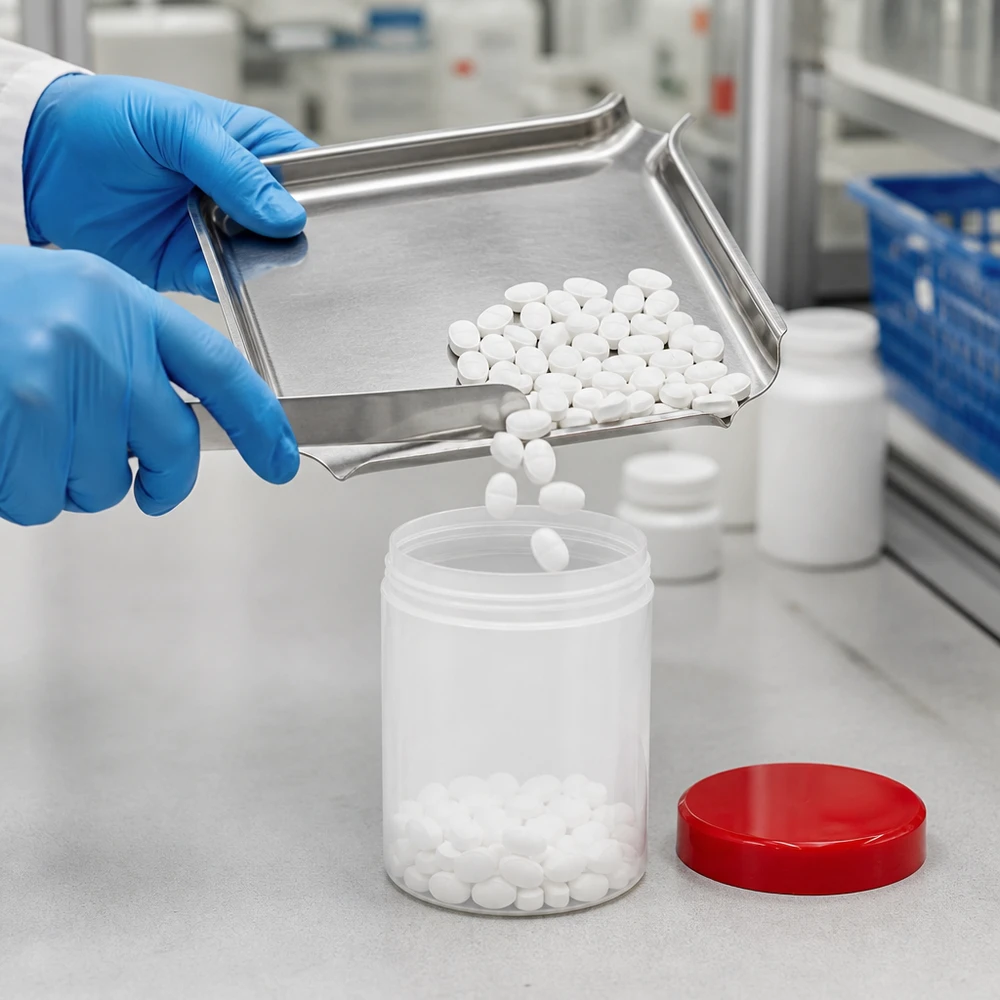 Remplissage, avec des gants, d'un pot de pommade de 10 g, blanc, avec un bouchon à vis en PP rouge, dans un laboratoire conforme aux BPF