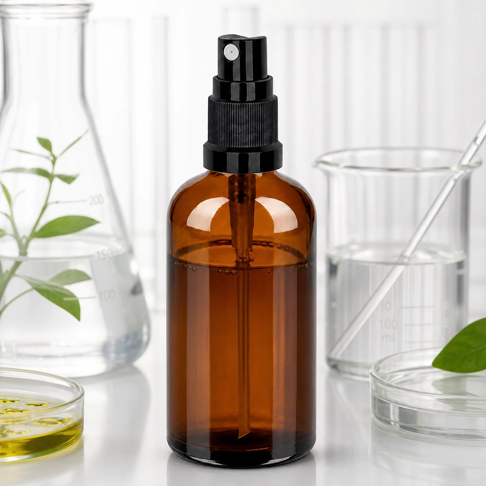 Bottiglia per farmacisti 100ml marrone con attacco spray nero per applicazioni farmaceutiche