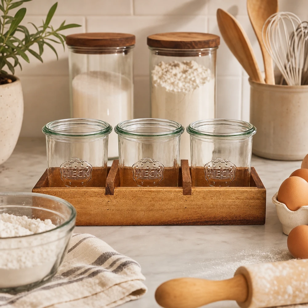 Vassoio di servizio Box3 in legno di acacia per 3 tumbler WECK. Barattoli WECK in vassoio da portata in legno di acacia Box3 Scena di cucina Ingredienti per la cottura Uova Farina Grana del legno naturale Conservazione