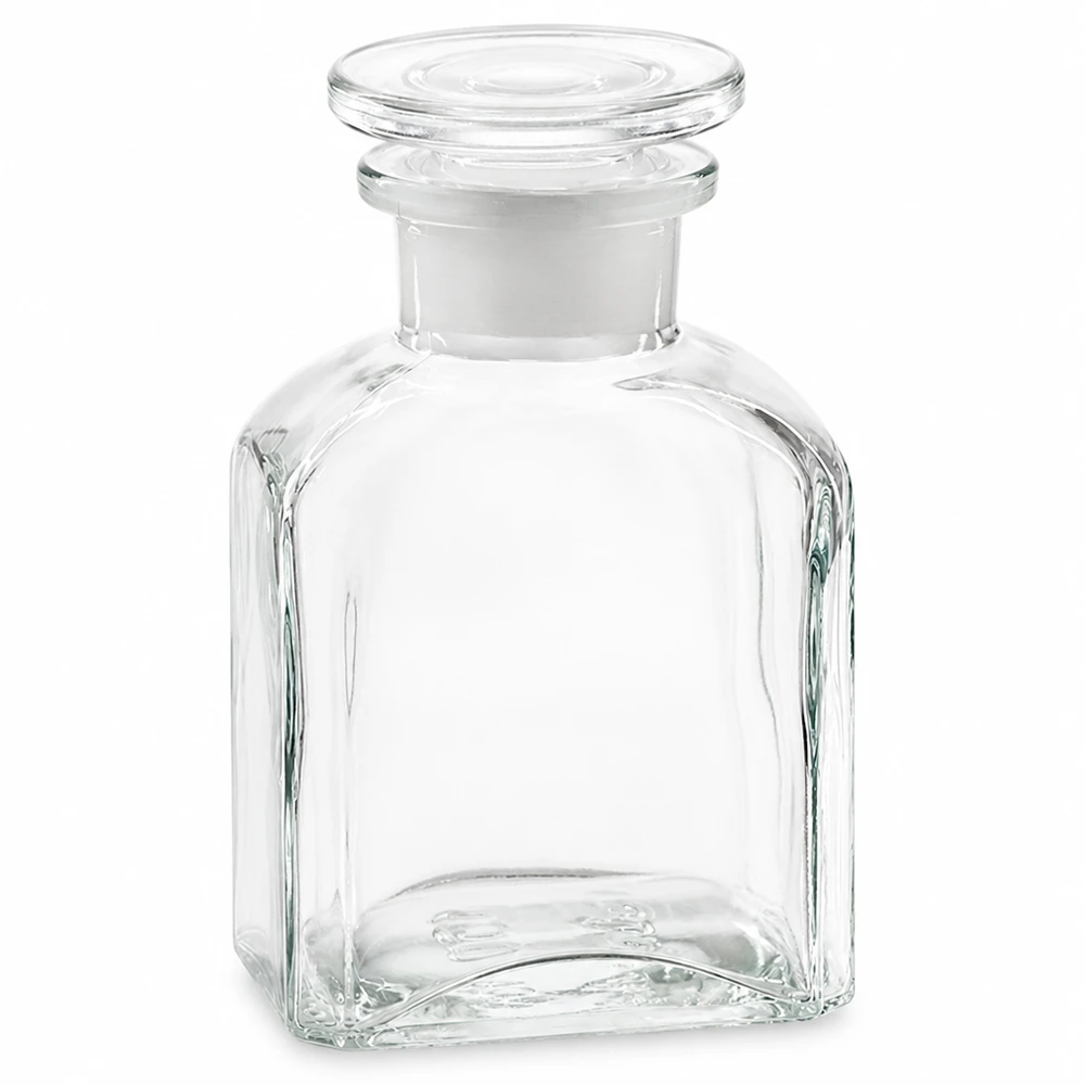 Bottiglia quadrata da 150 ml trasparente a collo largo con tappo in vetro Bottiglia quadrata da 150 ml trasparente con tappo in vetro, realizzata in vetro di alta qualità, per uso di laboratorio e domestico