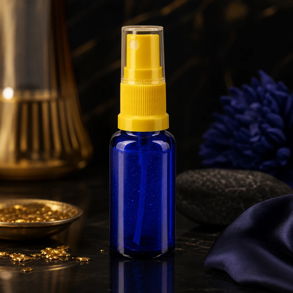 Apothekenflasche blau 20ml Sprayaufsatz gelb Zerstäuberflasche 20ml aus UV-schützendem blauem Glas mit gelbem Pumpspray ApoGlas