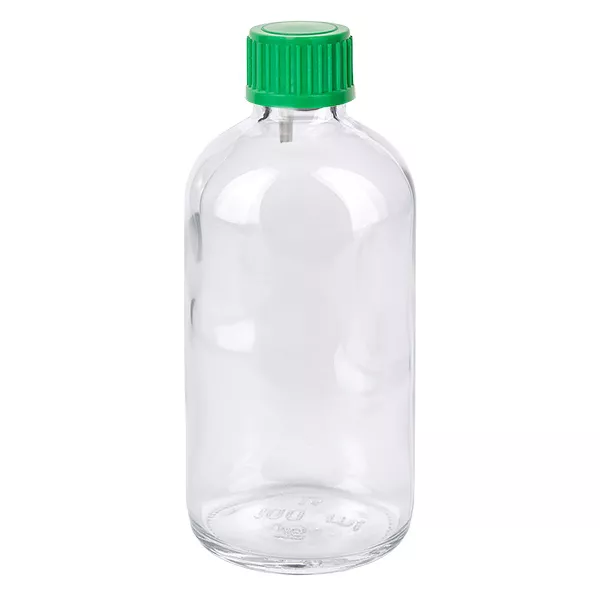 Flacon compte-gouttes de 100 ml en verre transparent avec bouchon à vis vert ClearLine UT18