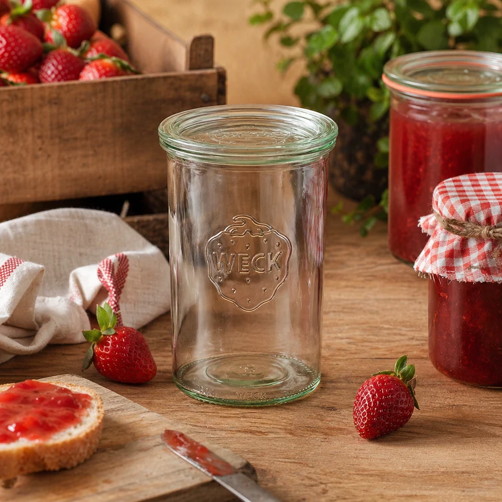 1000ml Sturzglas mit Glasdeckel WECK RR100 WECK Sturzglas RR100 1000ml in rustikaler Küche mit Erdbeeren und selbstgemachter Marmelade dekorativ arrangiert