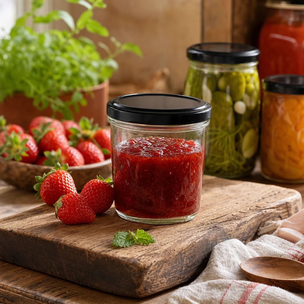 Il barattolo da 230 ml con marmellata di fragole su tavola di legno mostra l'uso pratico del coperchio BasicSeal in cucina.