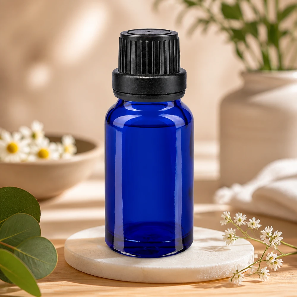 Apothekenflasche blau 10ml Tropfverschluss Giessring 2mm schwarz Originalitätsverschluss Professionelle Tropfflasche 10ml Blauglas mit geripptem Schraubverschluss und Originalitätssicherung OV