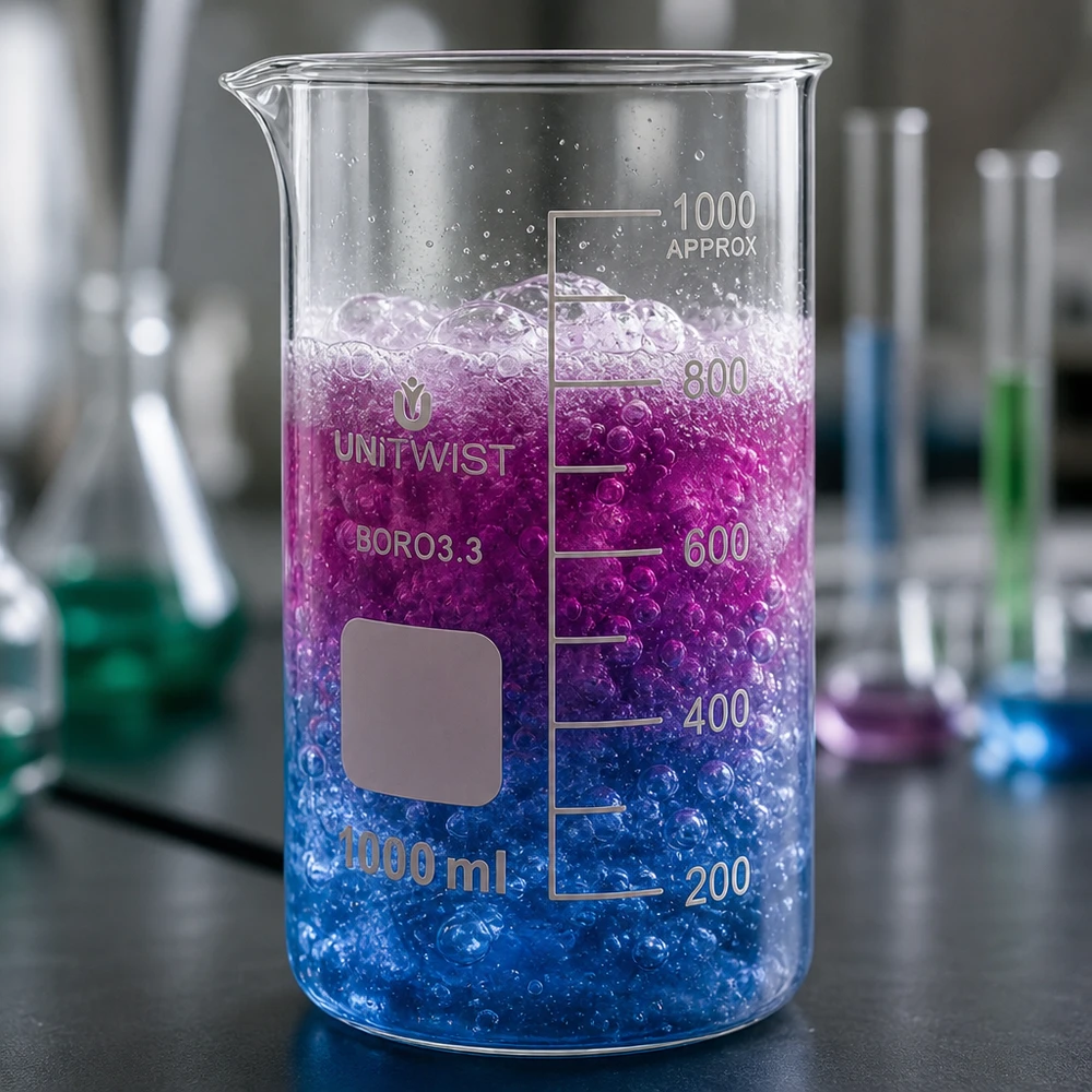 Bicchiere 1000ml borosilicato, stampo alto UNITWIST UNITWIST Bicchiere da laboratorio da 1000 ml, forma alta, in borosilicato con sfumatura blu-viola, per esperimenti in laboratorio