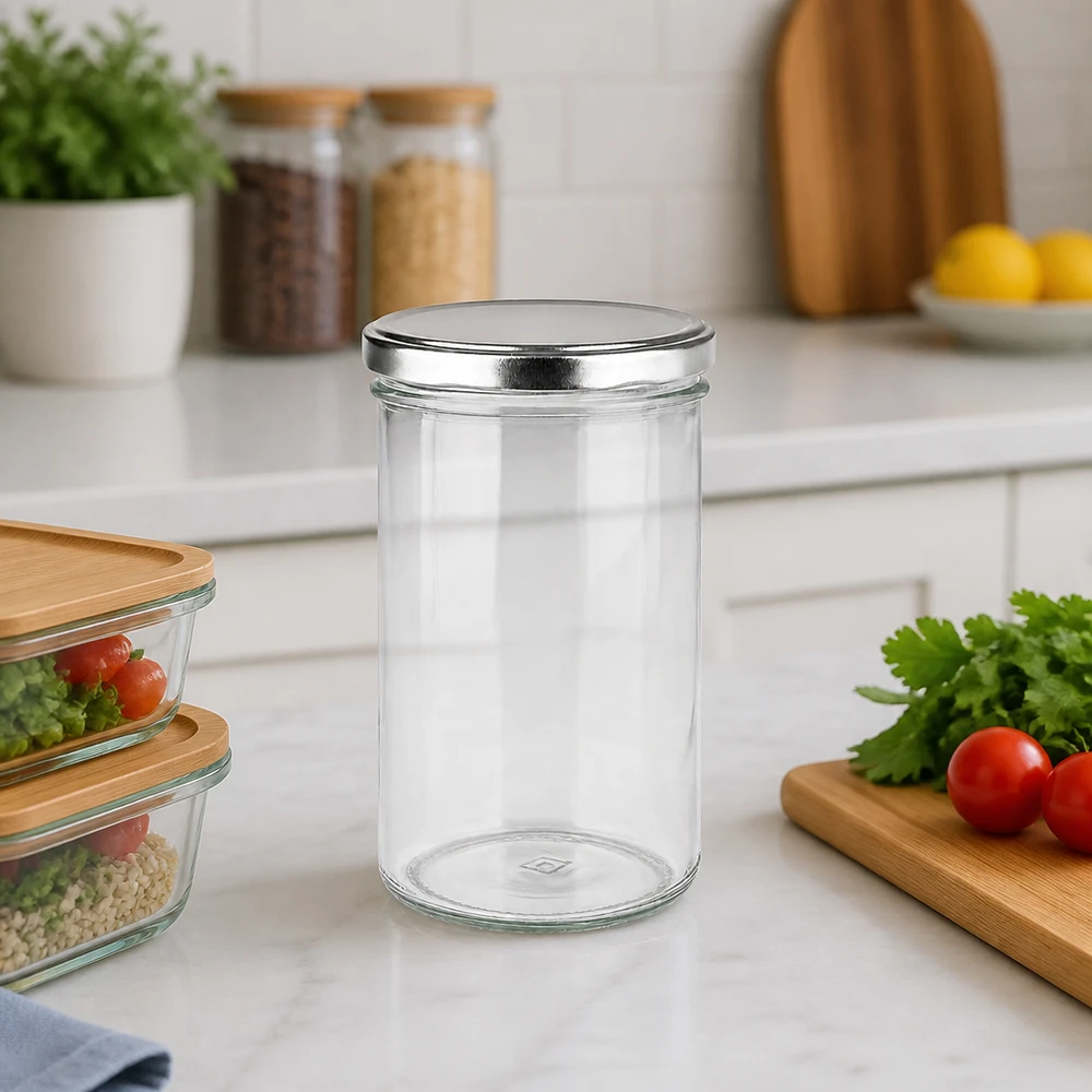 Barattolo di vetro da 277 ml con coperchio argentato BasicSeal sul piano di lavoro della cucina, accanto ai contenitori per alimenti e alle erbe aromatiche.