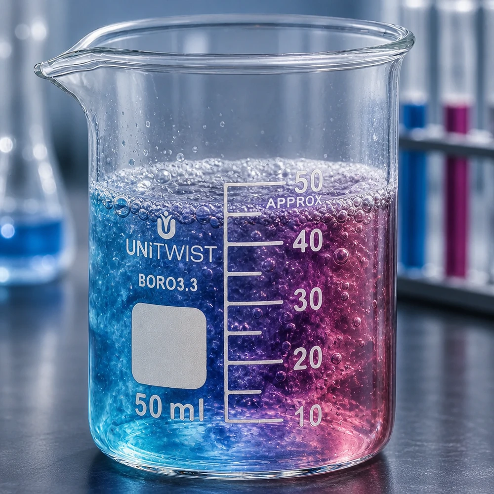 Bicchiere da 50 ml in borosilicato, a basso stampo UNiTWIST UNiTWIST Boccalino in vetro borosilicato da 50 ml, forma bassa, con liquido di reazione effervescente blu-rosa