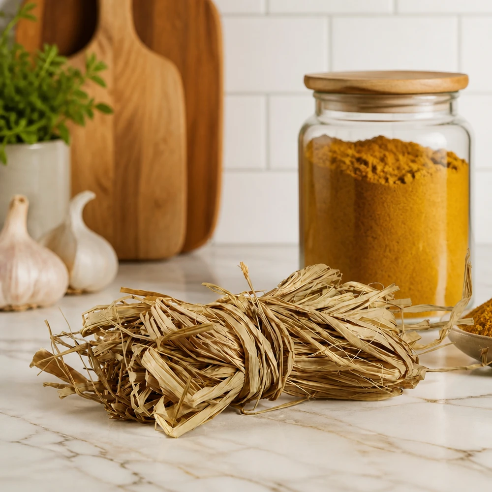 Fibra naturale per decorazioni, 30 g Raffia naturale 30g beige dorato su piano di lavoro in marmo con utensili da cucina mostra fibre decorative naturali per la casa
