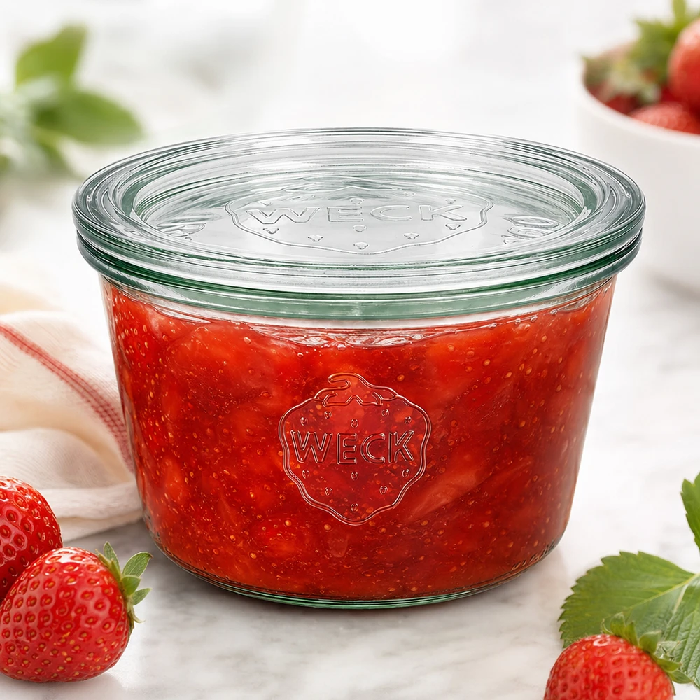 WECK Sturzglas 370ml RR100 gefüllt mit roter Erdbeermarmelade umgeben von frischen Erdbeeren auf weißer Oberfläche