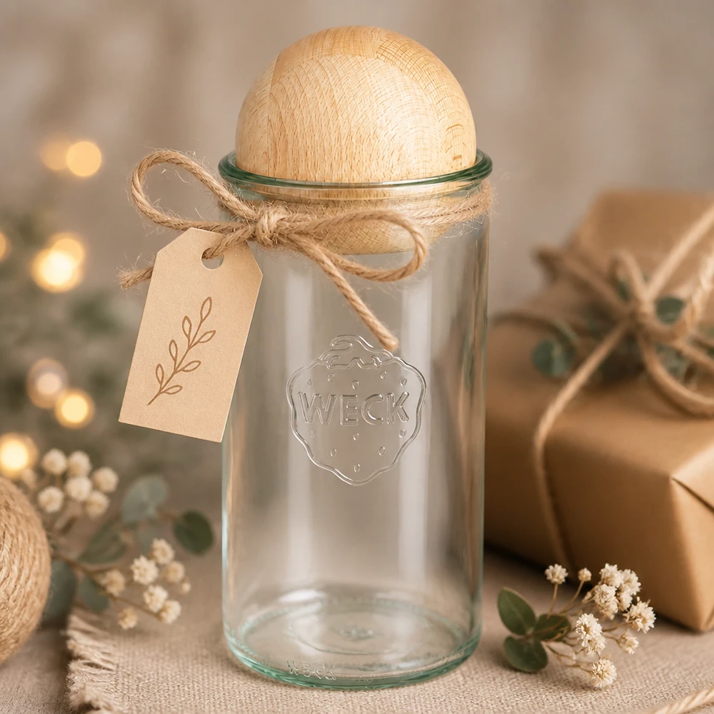 Vaso cilindrico da 1590 ml WECK RR100 con sfera in legno di faggio Vaso per conserve WECK 1590ml RR100 con sfera in legno di faggio come idea regalo con ciondolo in un'atmosfera decorativa accogliente