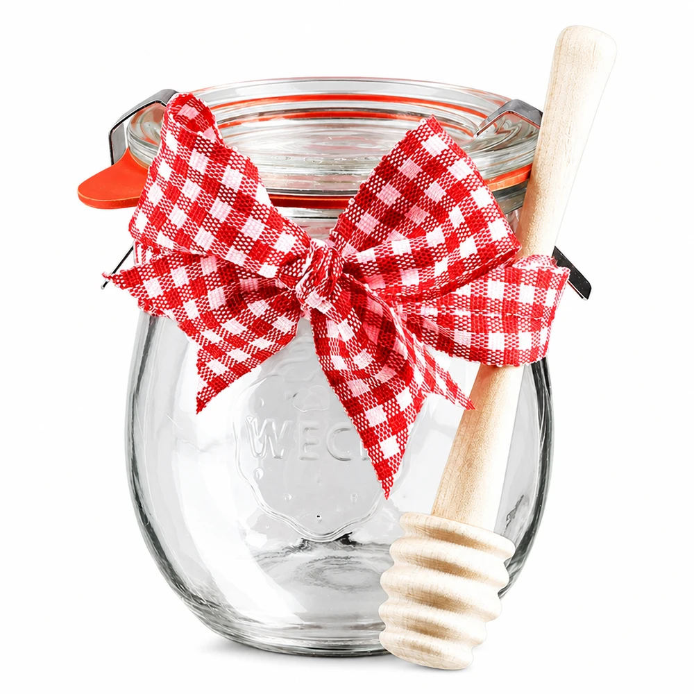 Mini bocal tulipe WECK 220 ml complet avec cuillère à miel et nud WECK Mini pot tulipe 220ml avec couvercle, ruban rouge et cuillère à miel en bois, set de bocaux complet