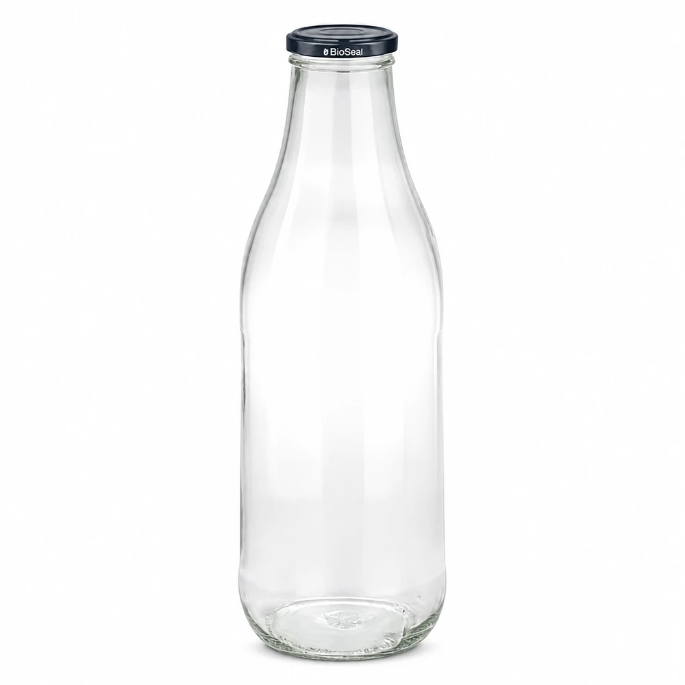 1000ml Glasflasche + BioSeal Deckel schwarz UNiTWIST 1000ml Glasflasche mit schwarzem BioSeal Deckel leer transparent Milchflasche Saftflasche nachhaltig