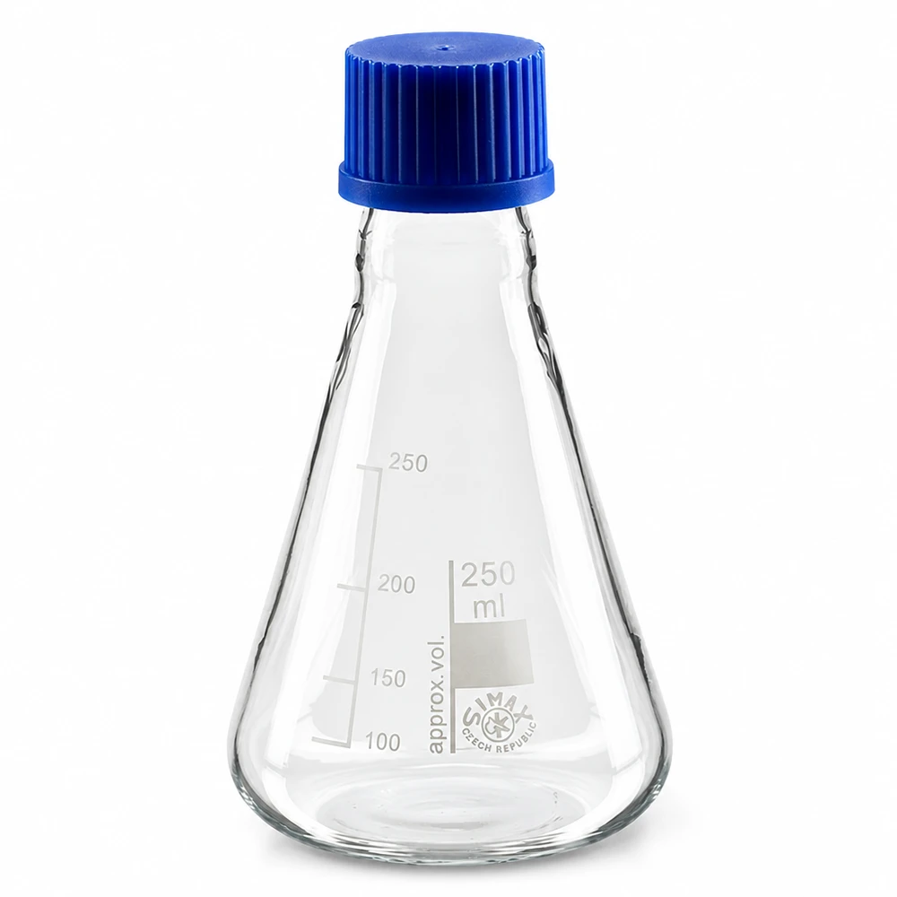 Erlenmeyer 250 ml col étroit, verre borosilicate avec filetage et bouchon Erlenmeyer de 250ml avec graduation et bouchon à vis bleu sûr