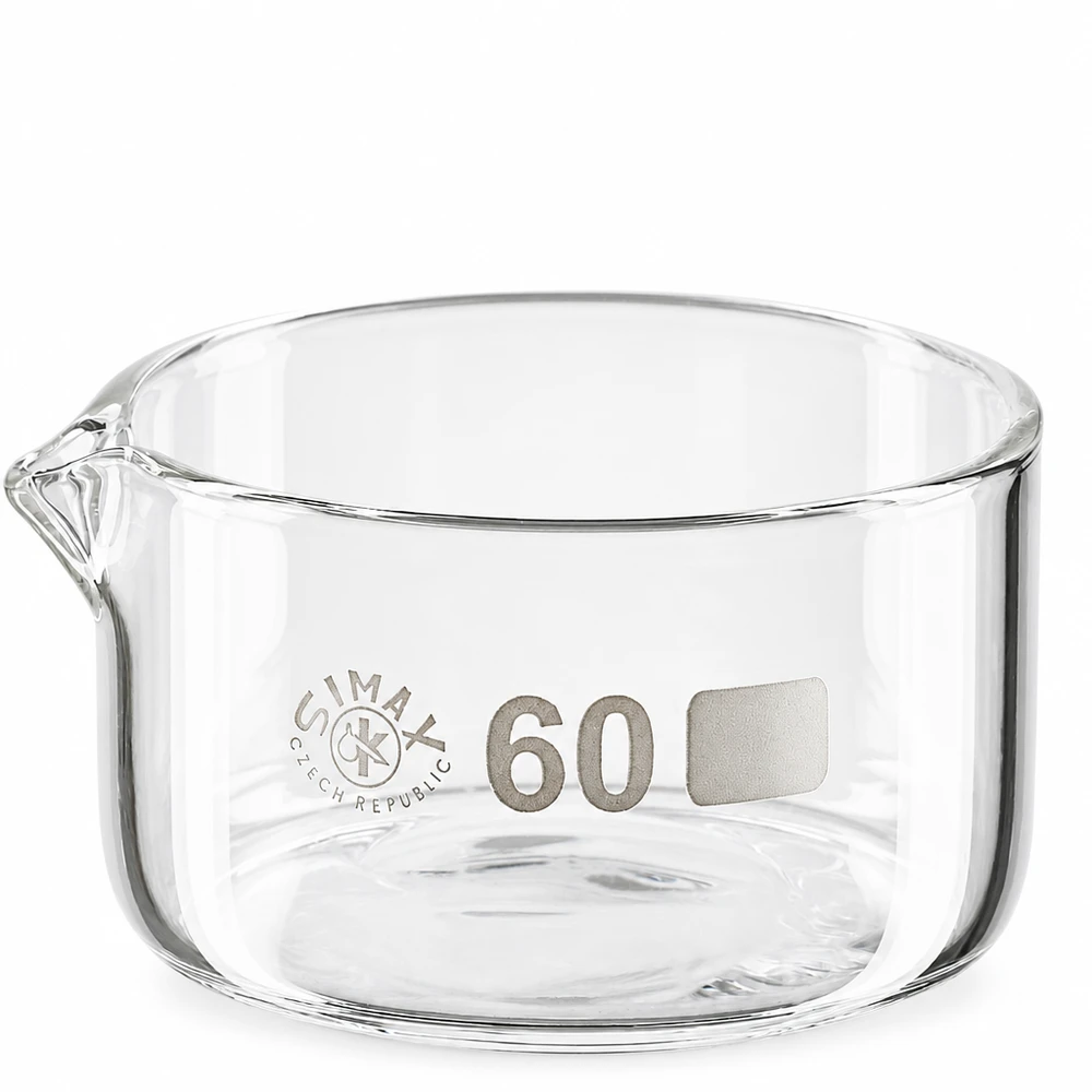 60ml Kristallisierschale mit Ausguss Borosilikat ø60mm Transparente Kristallisierschale Borosilikatglas 60ml zylindrisch mit Glasausguss Laborqualität