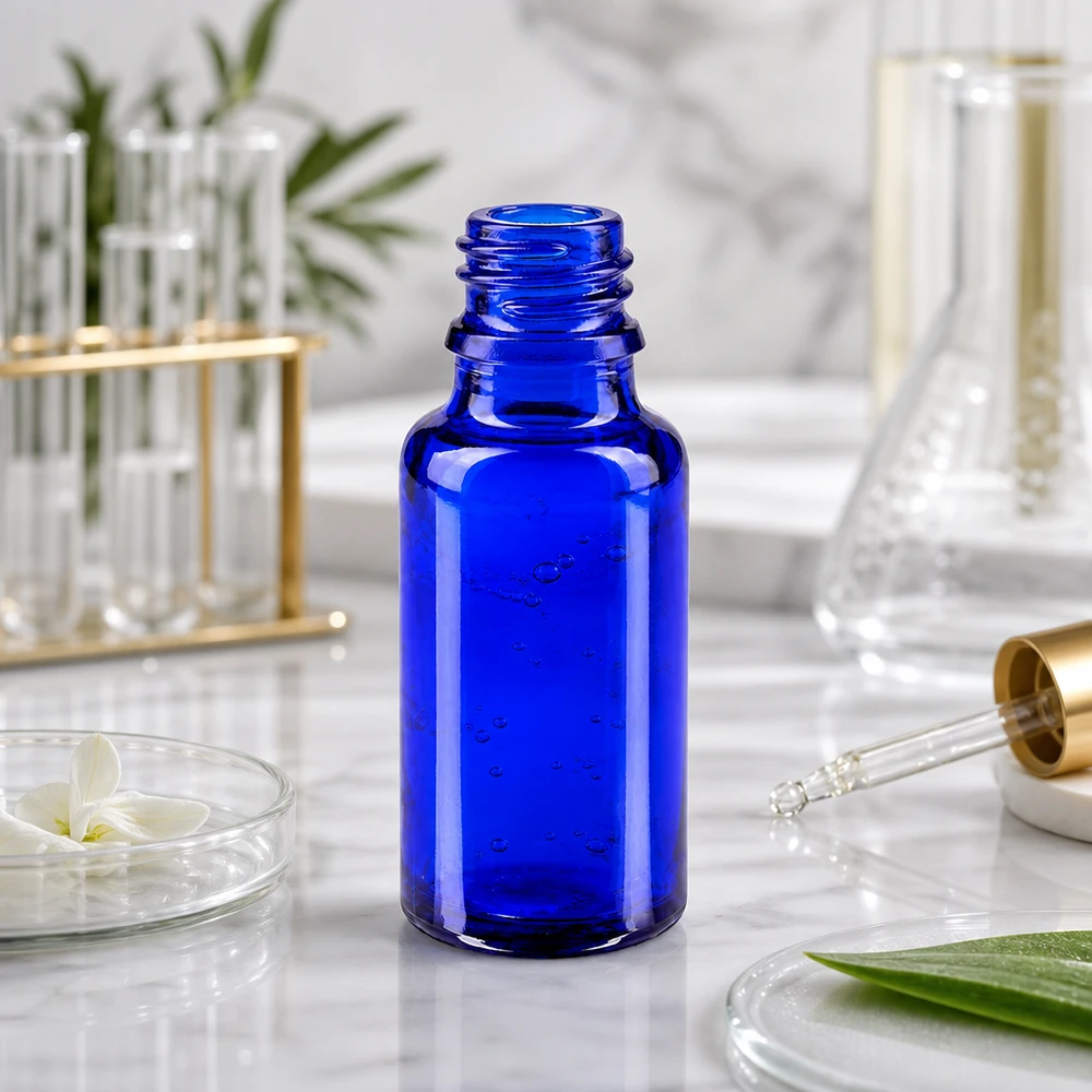 Flacone farmaceutico blu da 20ml ApoGlas Flacone di vetro compatto da 20 ml in ApoGlas blu cobalto per l'uso mobile in viaggio