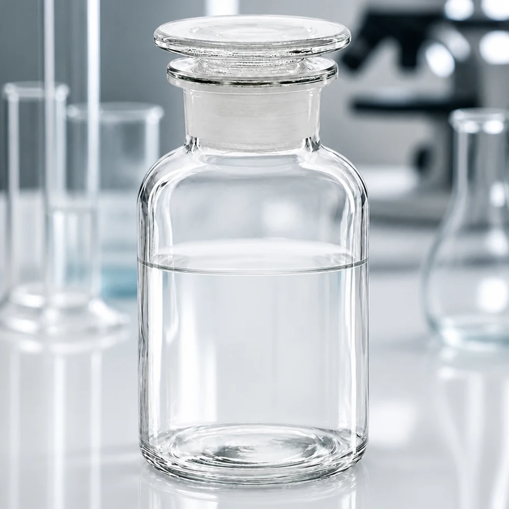 Fiaschetta a collo largo in vetro borosilicato da 250 ml con tappo in vetro molato su un tavolo da laboratorio