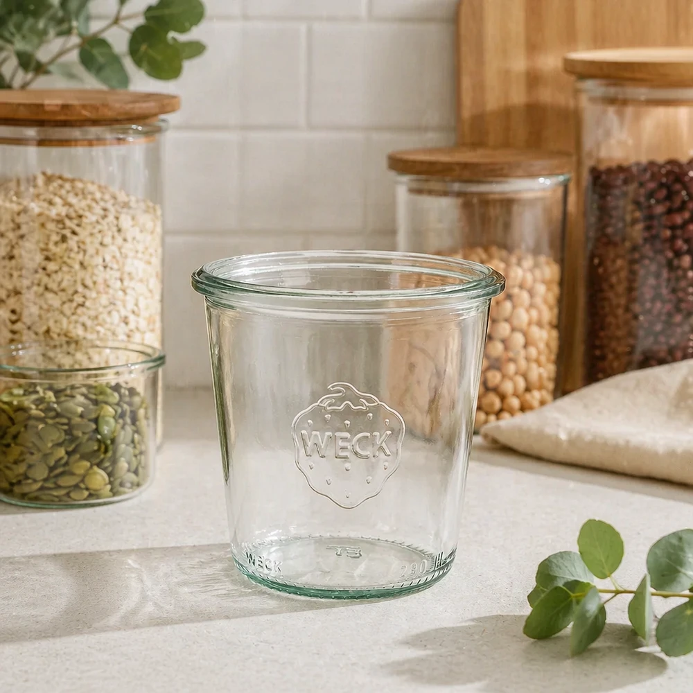 Vaso di vetro alto da 290 ml WECK RR80 290ml WECK RR80 barattolo di vetro alto per la conservazione in cucina Conservazione su piano di lavoro bianco con barattoli di stoccaggio