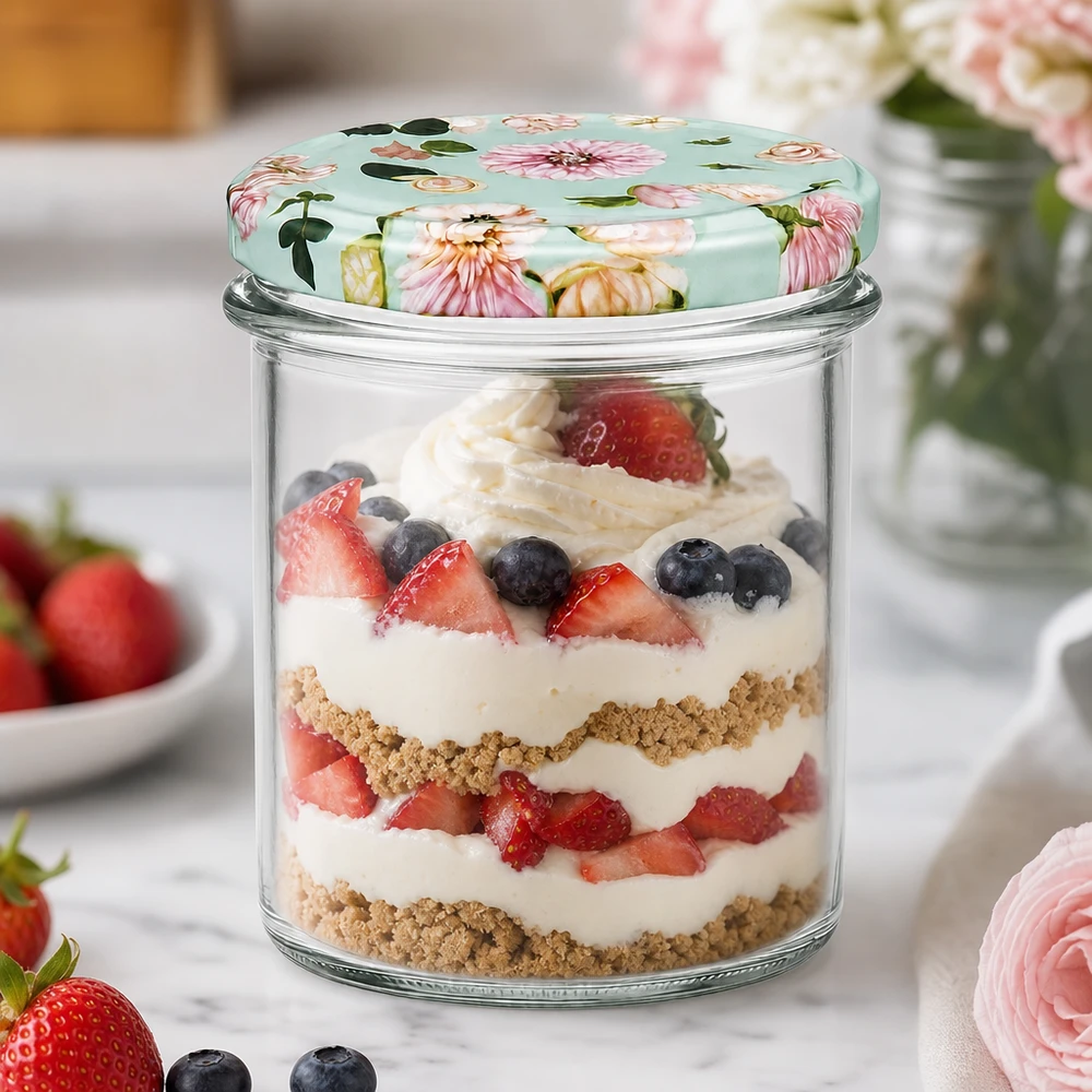 350ml Sturzglas + BasicSeal Deckel Blume mint UNiTWIST 350ml Sturzglas mit mint Blumendeckel als Dessertglas für Schichtdessert mit Beeren und Sahne verwendet