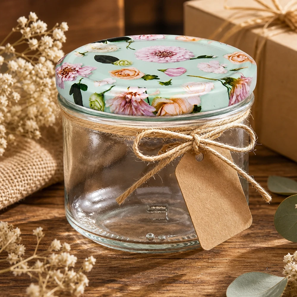 230ml Zylinderglas + BasicSeal Deckel Blume mint Leeres 230ml Zylinderglas mit BasicSeal Deckel Blume mint als Geschenkidee - Vorratsglas mit Juteschleife dekoriert