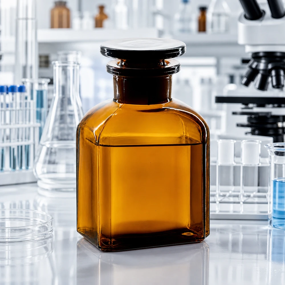 Bottiglia quadrata 150ml marrone a collo largo, con tappo in vetro Flacone quadrato in vetro ambrato da 150 ml a collo largo con tappo di vetro su un tavolo da laboratorio bianco accanto a un microscopio