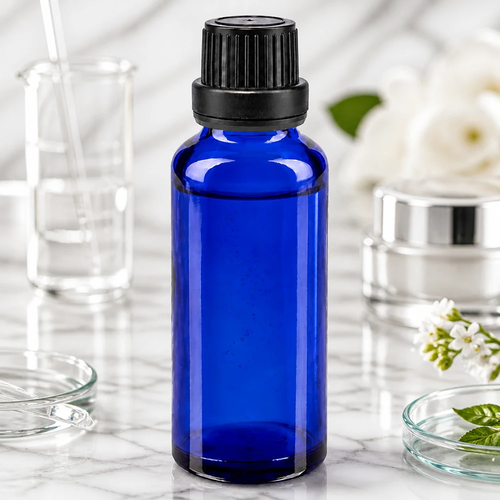 Apothekenflasche blau 30ml Schraubverschluss schwarz Dichteinlage Originalitätsverschluss Professionelle blaue 30ml Apothekerflasche mit SV OV für Öle Tinkturen und Essenzen