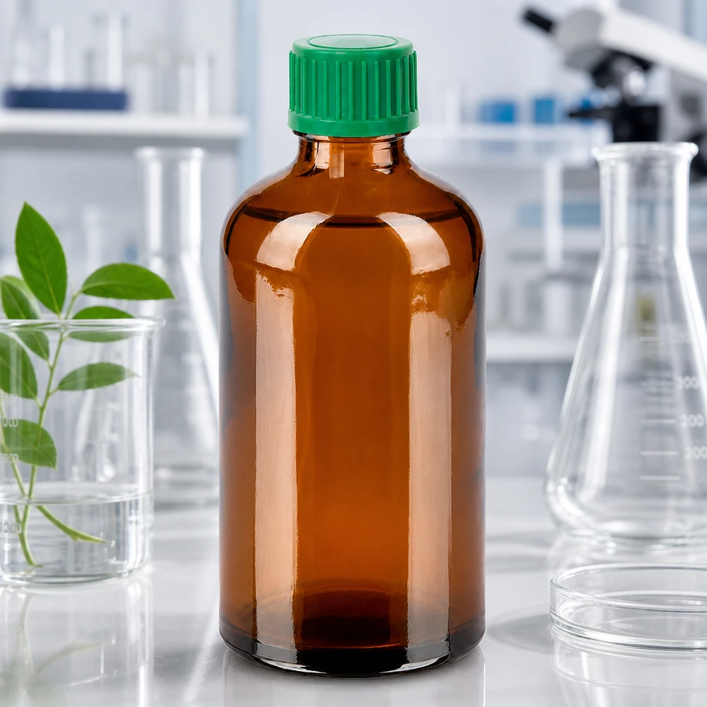 Bottiglia in vetro ambrato di qualità da laboratorio da 100 ml con tappo a vite verde per sostanze chimiche