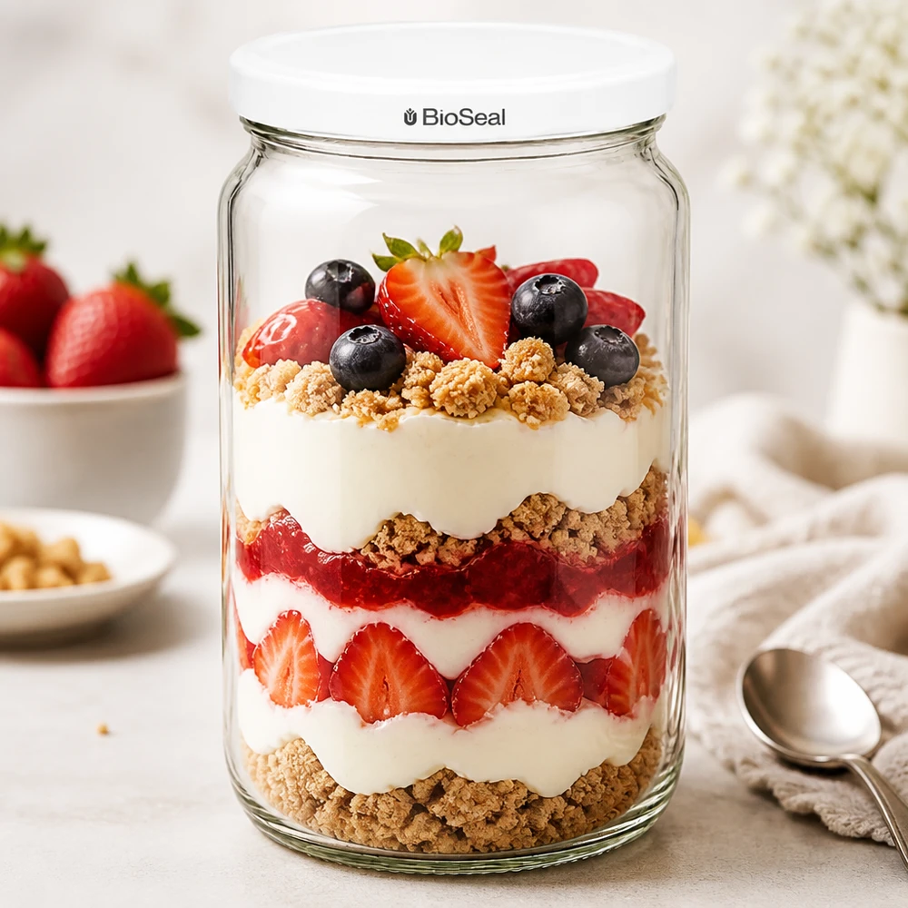 Bicchiere da dessert UNiTWIST Runda795 con parfait di yogurt e frutti di bosco a strati - versatile per creazioni dolci e dessert