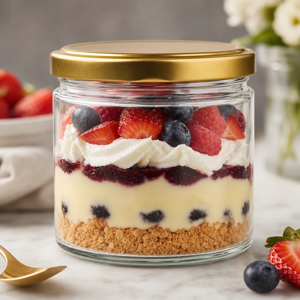 Bicchiere rotondo da 540 ml con coperchio BasicSeal oro come bicchiere da dessert riempito con bacche e panna a strati