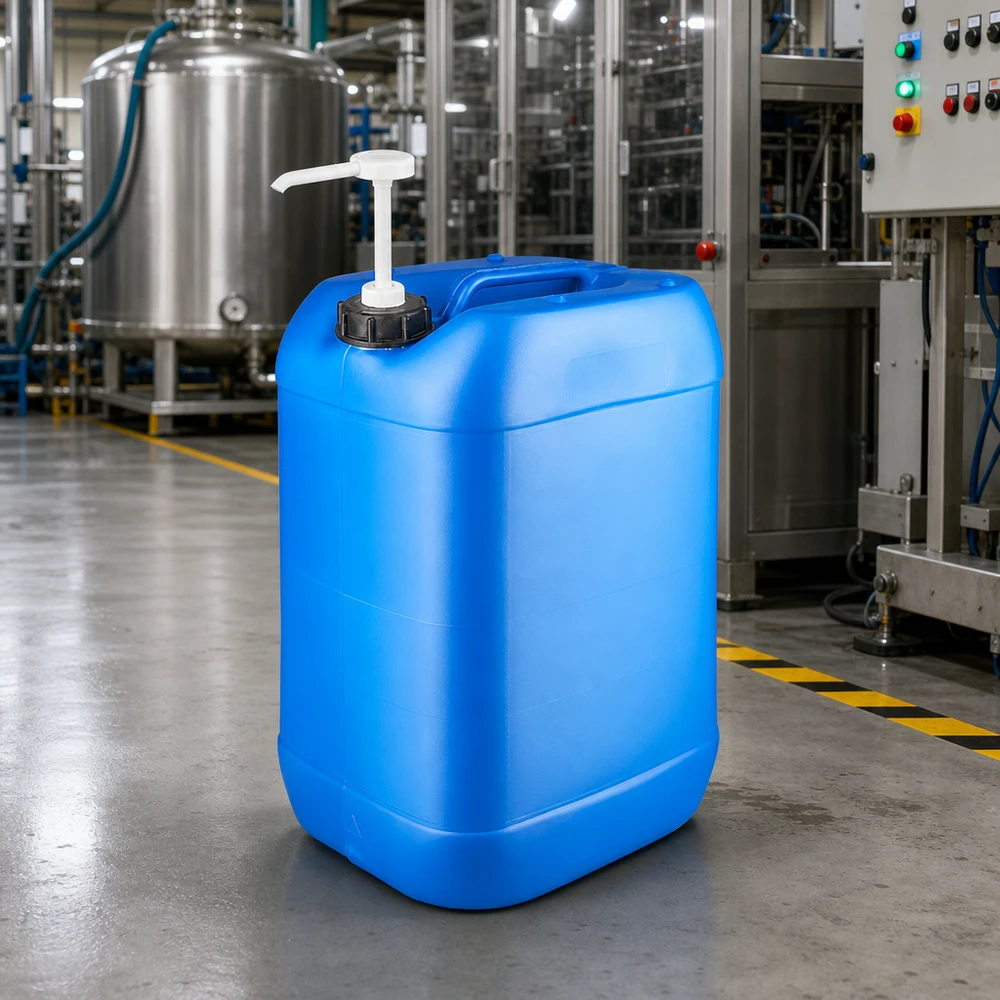 Bidon de 25 litres bleu avec pompe doseuse Bidon bleu de 25 litres en PEHD avec pompe doseuse dans un environnement de production industrielle