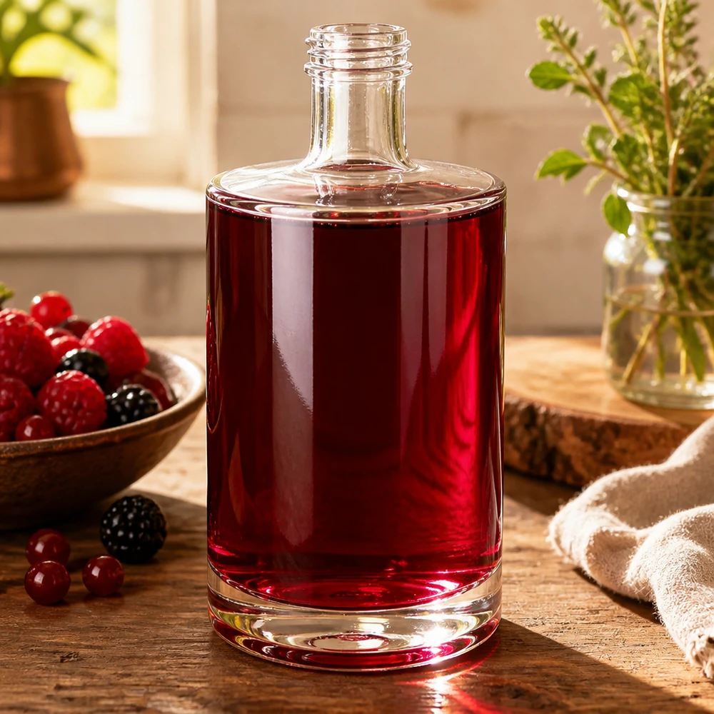 Bottiglia di vetro da 500 ml Sam riempita di succo di bacche rosse decorazione tavolo in legno bacche erbe ambiente naturale