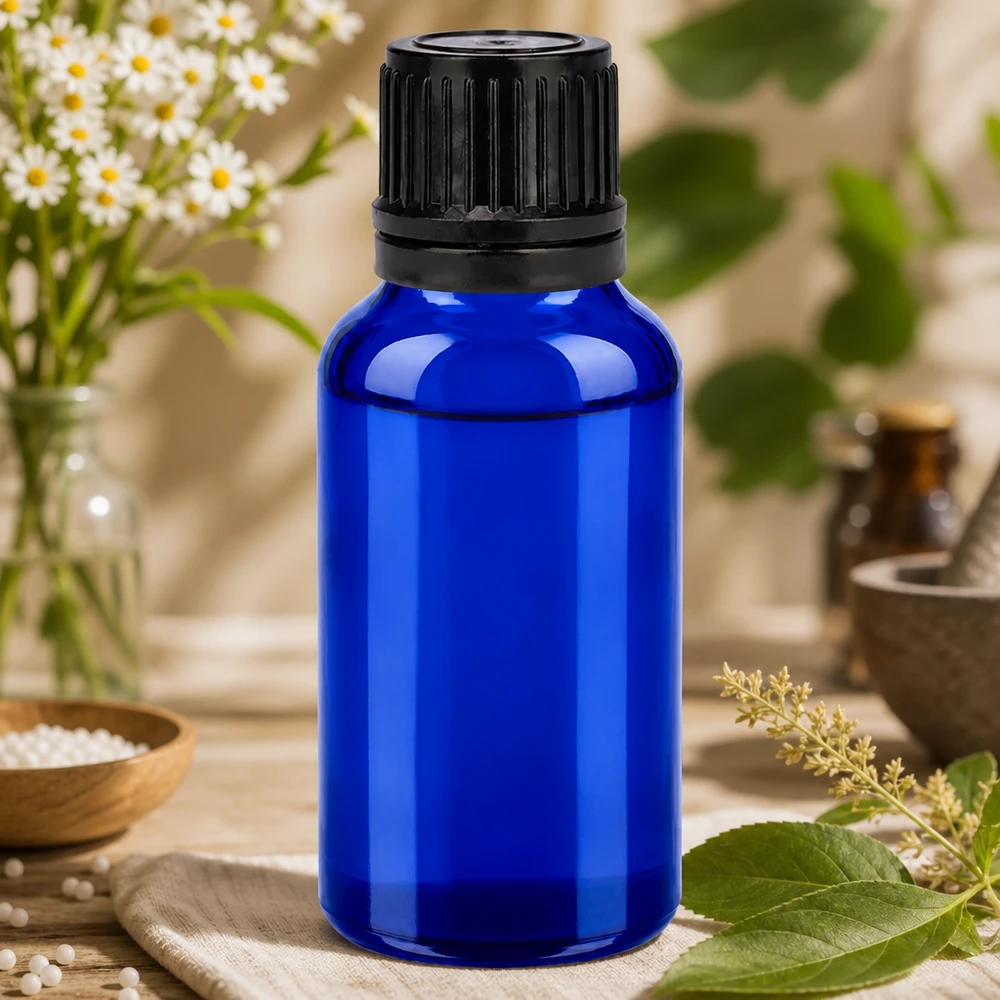 Flacone in vetro premium da 20 ml della serie BlueLine con tappo nero opaco per cosmetici naturali