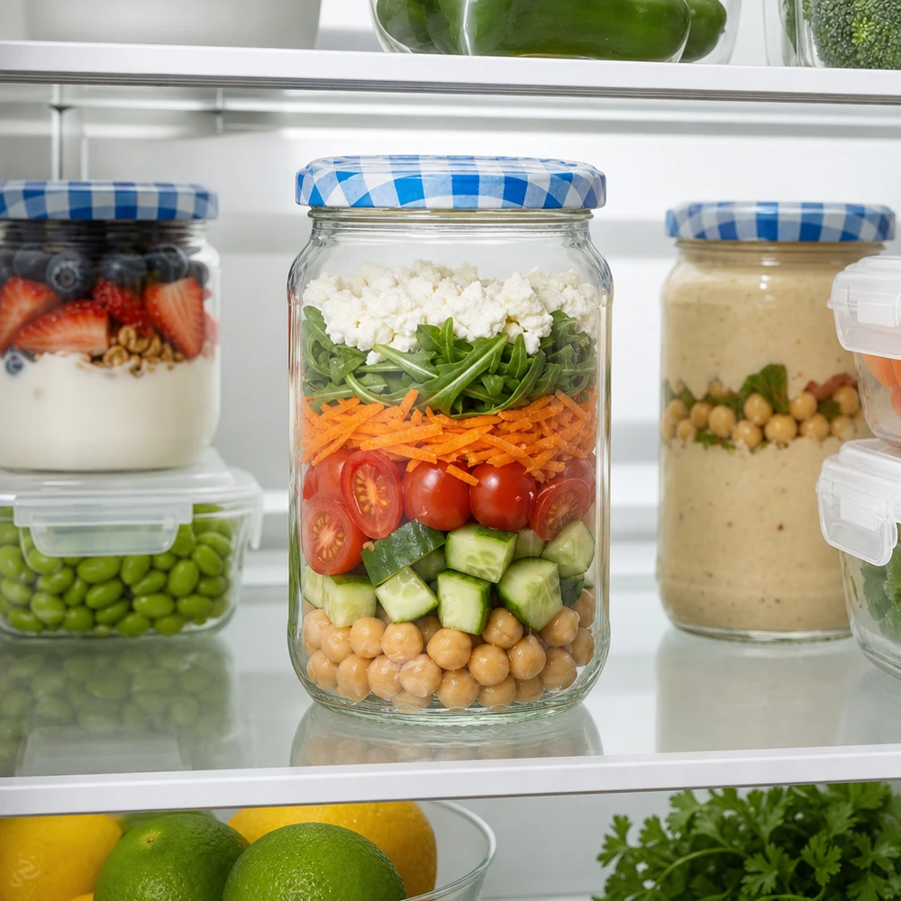 Barattolo rotondo da 1062 ml riempito di insalata a strati in frigorifero, pratica soluzione per la preparazione dei pasti con coperchio BasicSeal