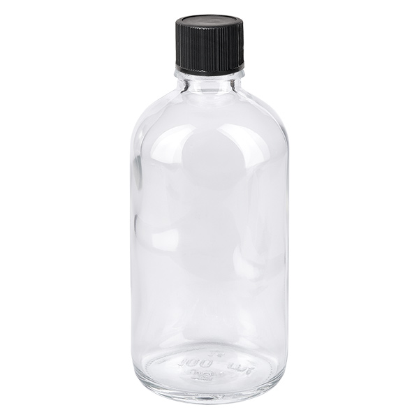 Flacone contagocce da 100 ml 1 mm nero STD ClearLine UT18/100 Flacone in vetro trasparente da 100 ml con tappo a vite nero ClearLine con contagocce UT18