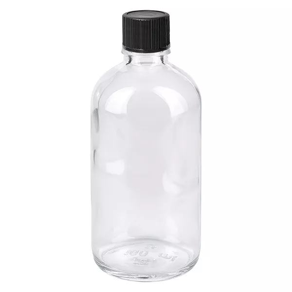 Flacon en verre transparent de 100 ml avec bouchon à vis noir, flacon compte-gouttes ClearLine UT18