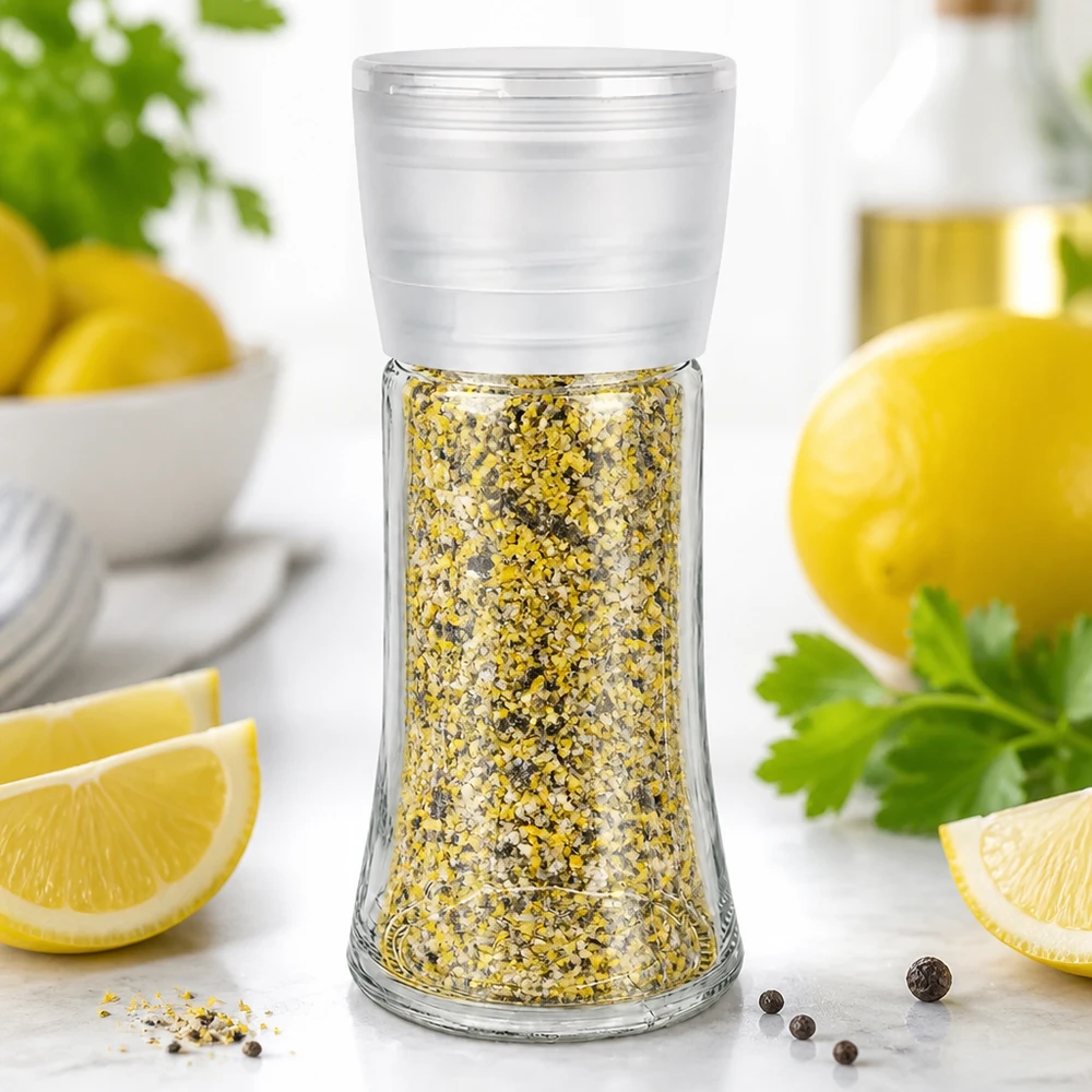 Pot à sel/épices 95 ml avec moulin Vario blanc Bauchige Glasgewürzmühle 95ml Vario mit aromatischer Zitronenpfeffer-Salzmischung befüllt