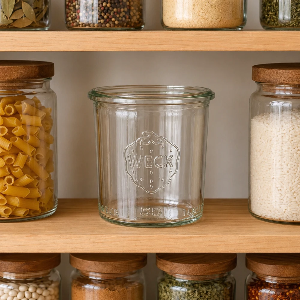 WECK Sturzglas 140ml RR60 leer in Küchenregal zwischen gefüllten Vorratsgläsern mit Pasta und Reis