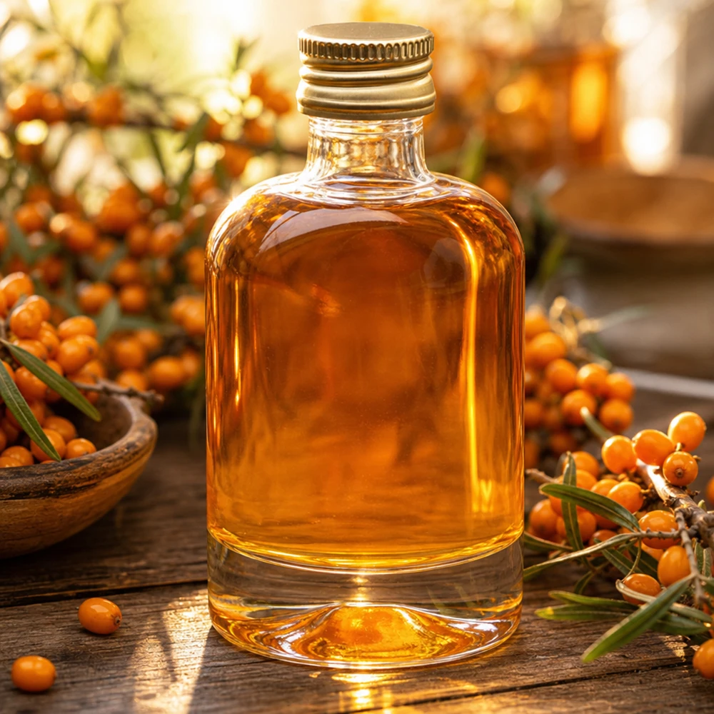 Bottiglia in vetro da 40 ml Sara con tappo a vite dorato UNiTWIST® Bottiglia di vetro da 40 ml Sara riempita con olio di olivello spinoso - tappo dorato UNiTWIST tra bacche fresche di olivello spinoso