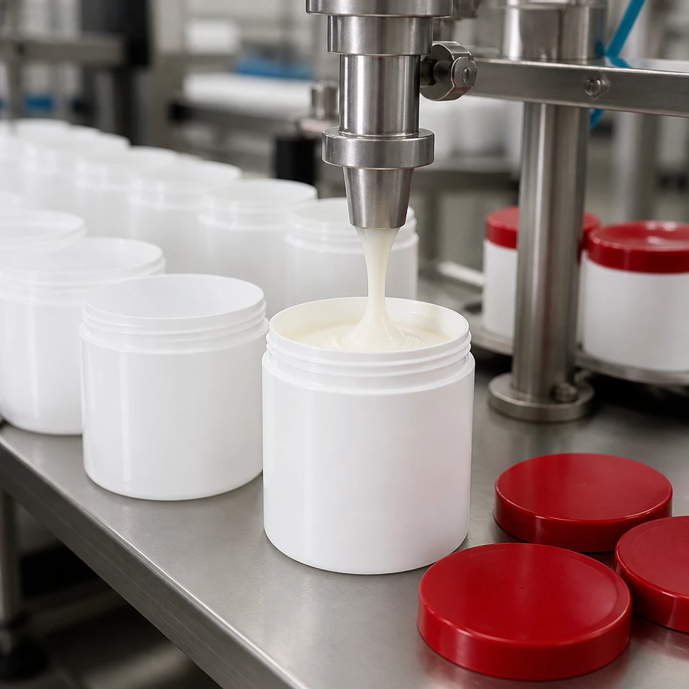 Pot à onguent blanc 30 g avec couvercle rouge (PP) Pots de pommade de 30 g en grande série avec couvercle à vis en PP rouge, fabriqués sur une ligne de production en acier inoxydable