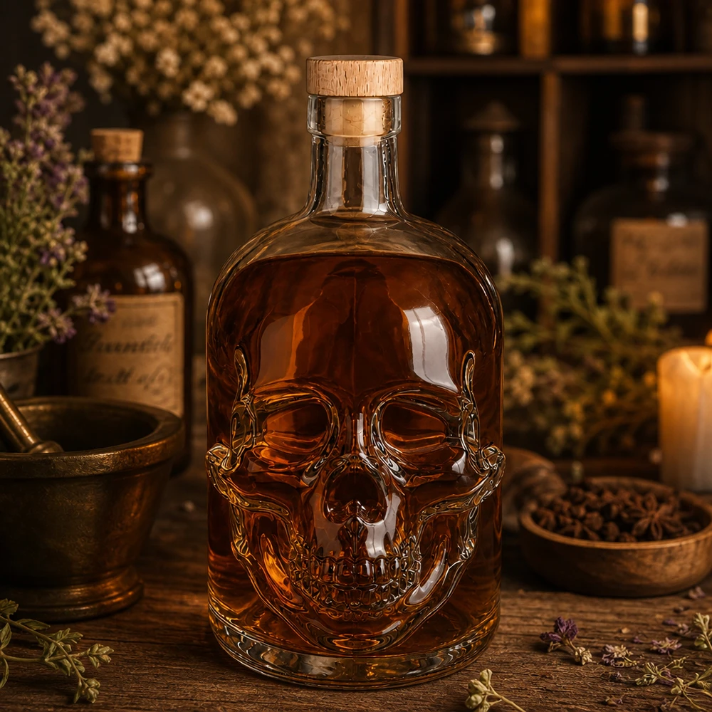 Bottiglia in vetro da 700 ml Jack con tappo in sughero con impugnatura in legno UNiTWIST® Totenkopf-Glasflasche 700ml Jack mit bernsteinfarbener Füllung in apothekerartiger Kräuter-Destillerie-Szene