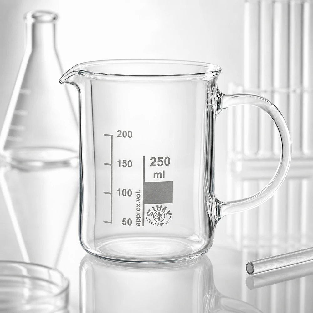 Bicchiere da 250 ml in vetro borosilicato, con manico Bicchiere da laboratorio da 250 ml in vetro borosilicato con manico e scala graduata, di dimensioni intermedie tra il matraccio di Erlenmeyer e le provette