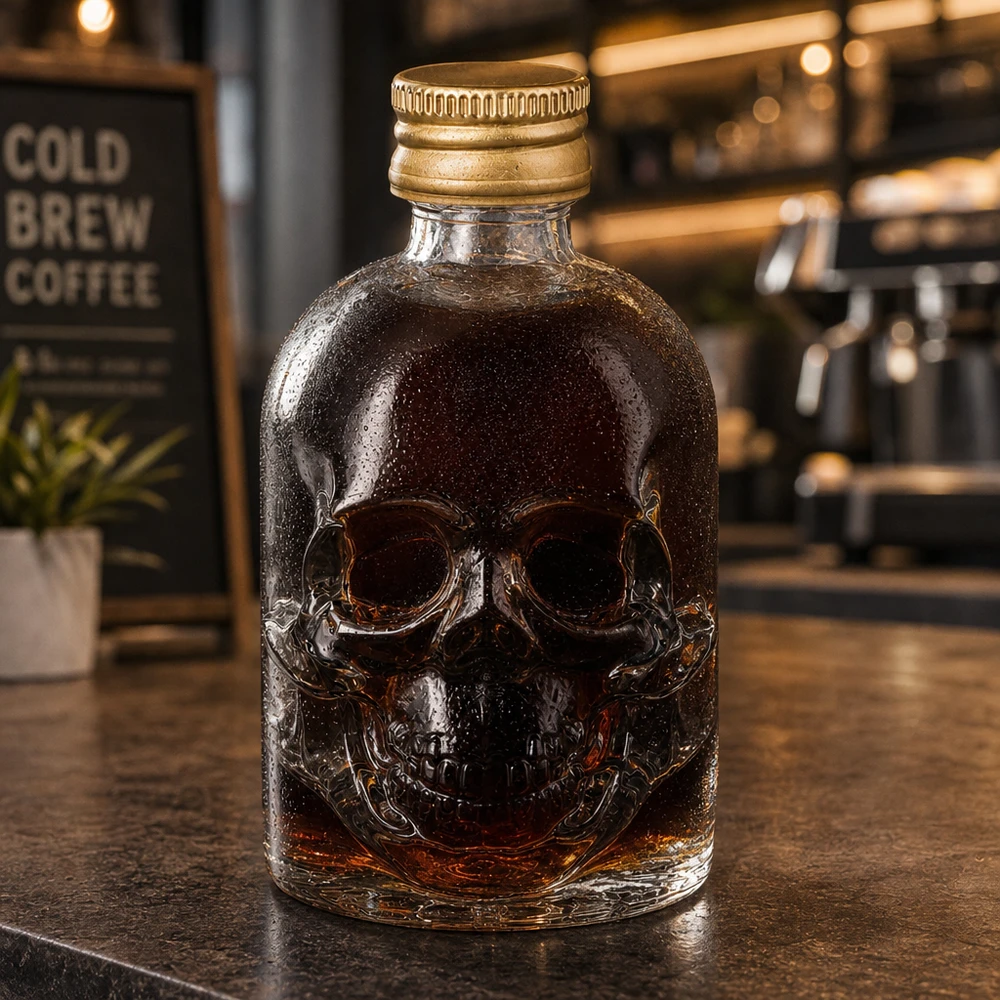 Bottiglia in vetro Hector da 50 ml con teschio in rilievo e tappo a vite dorato in un'atmosfera da caffetteria con caffè freddo.