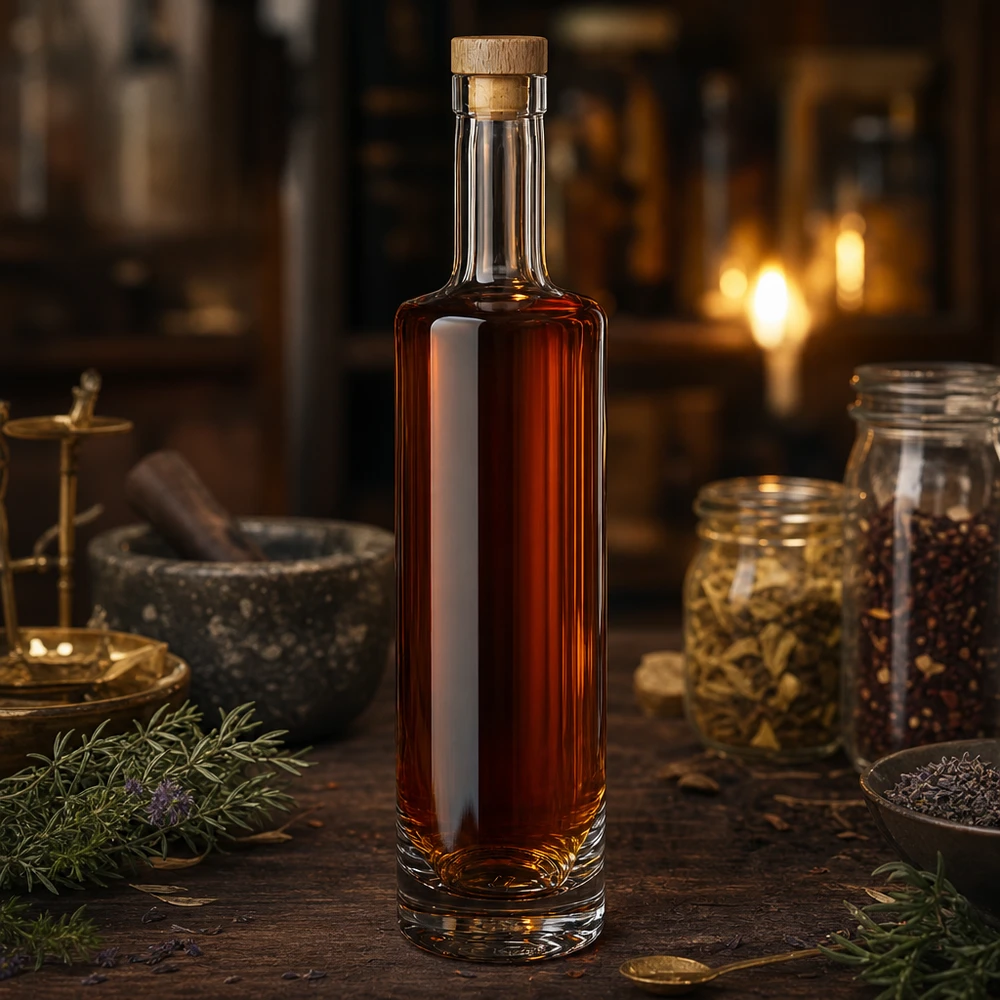 Bottiglia in vetro da 500 ml Lina con tappo in sughero con impugnatura in legno UNiTWIST® 500ml Glasflasche Lina mit bernsteinfarbener Flüssigkeit und Holzkorken in rustikaler Küche mit Gewürzen und Kräutern
