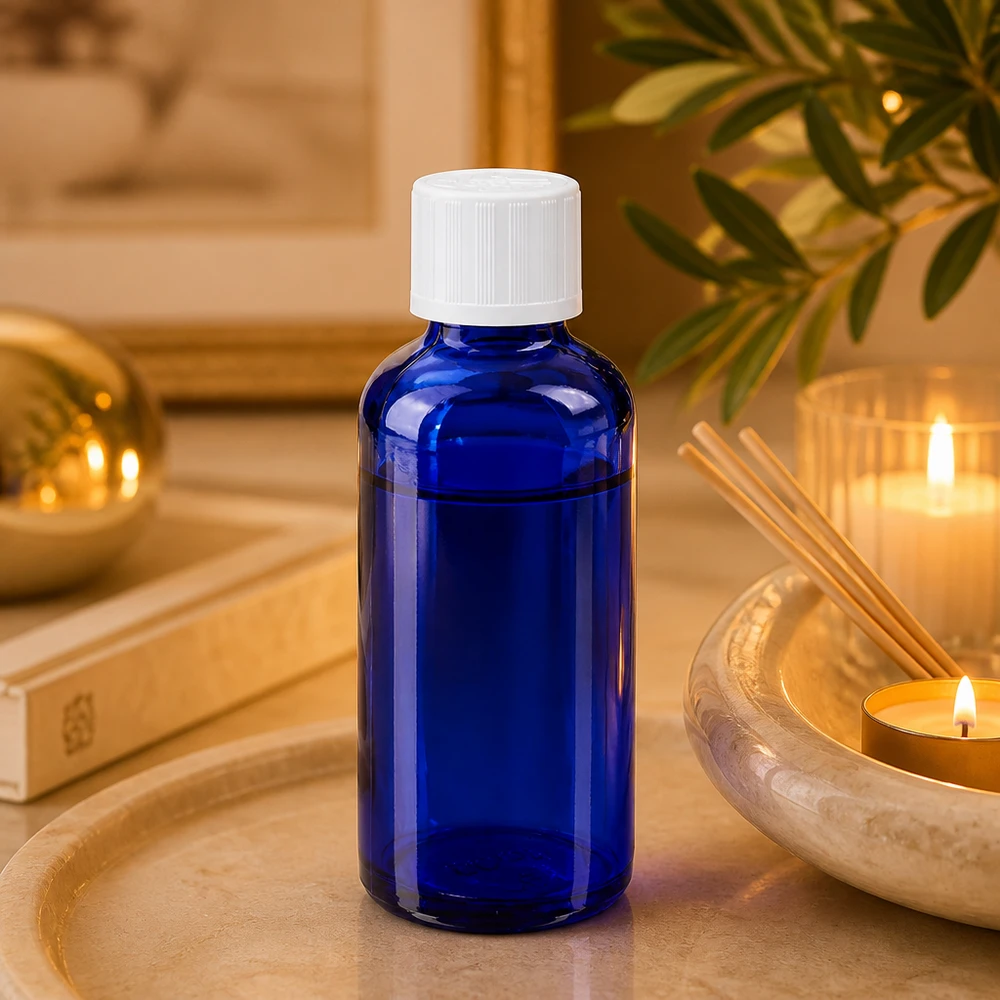 Dunkelblaue 50ml Apoflasche mit weißem Standardverschluss auf Marmor mit goldenen Accessoires