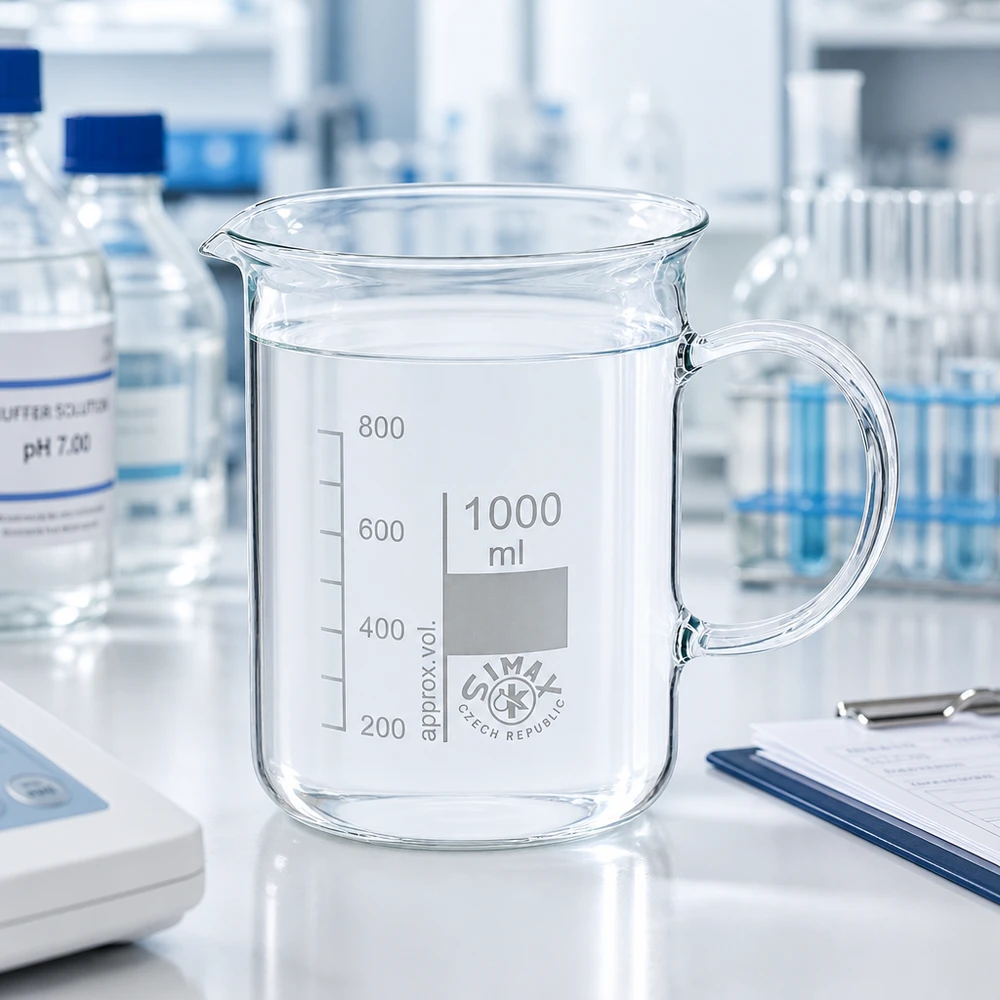 Bicchiere da 1000 ml in vetro borosilicato, con impugnatura Becher cilindrico da laboratorio da 1000 ml con manico su un piano di lavoro bianco, accanto a una soluzione tampone